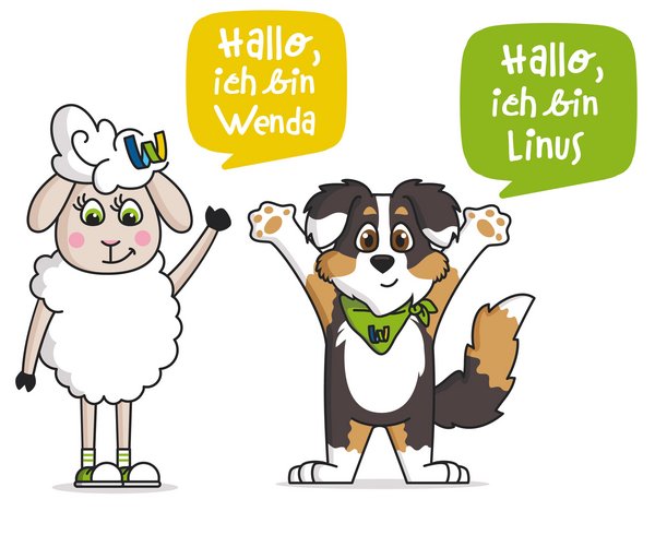 Wenda, das Schaf, und Linus, der Hund, die Maskottchen des Sankt Wendeler Landes